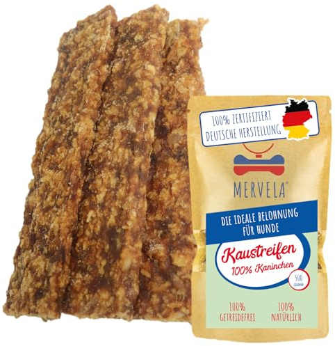 MERVELA® Kaninchen Fleischstreifen | 500 Gramm | getreidefreie Hundeleckerli | Kaustreifen | hoher Fleischanteil | Kausnack für Hunde | Fleischstreifen
