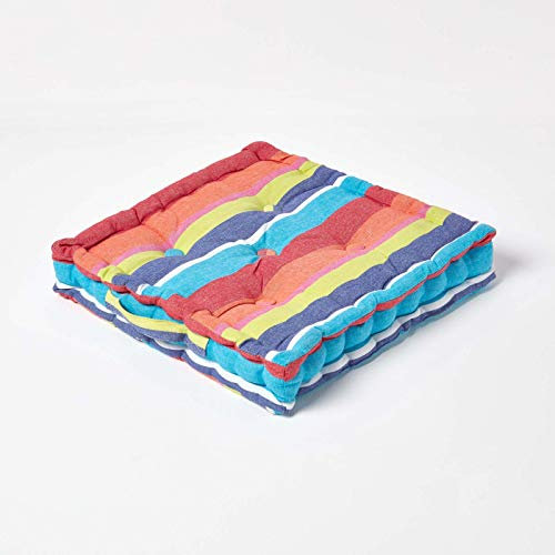 HOMESCAPES - Multi coloured Stripe - Floor Cushion - Extra Large - 100% Cotton - 50 x 50 x 10 cm Square - Indoor - Outdoor - Arm Chair Booster Garden Seat Cushion Pad