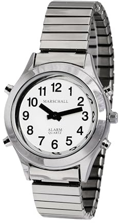 Marschall Deutsch sprechende Herren Armbanduhr I H-SM I Für Blinde, Senioren und Sehbehinderte I Komplette Datumsansage I Extra große Zeiger I Silberfarben mit Metallzugarmband