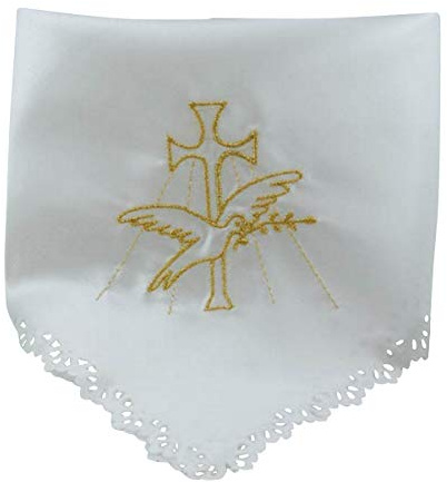 Kerzentuch 34 x 34 cm aus Satin – mit goldfarbener Bestickung von Kreuz & Taube – für Kommunion, Taufe & Hochzeit – edles KERZENRÖCKCHEN für FESTKERZEN – MaMeMi Markenqualität