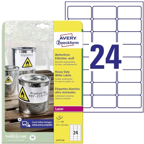 AVERY Zweckform L4773-20 Wetterfeste Etiketten, wasserfest, 63,5x33,9mm | 480 Aufkleber, Folienetiketten, Outdoor Klebefolie, extrem stark selbstklebend, strapazierfähig, 20 Blatt, weiß