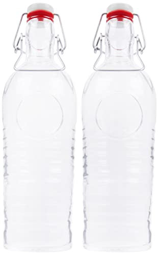 Bormioli Set di 2 bottiglie in vetro a costine da 1,2 litri Officina 1825, con decorazione in rilievo e tappo con chiusura meccanica