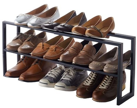 Yamazaki 3191 LINE 2-stöckiges ausziehbares Schuhregal, schwarz, Stahl, minimalistisch, 38 x 15 x 30 cm