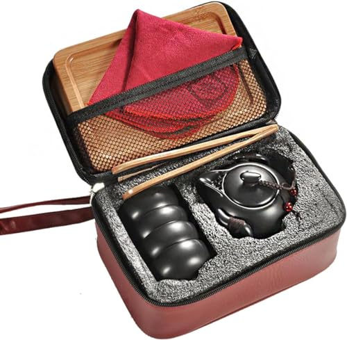 hoobar cerámica Kungfu Juego de té chino estilo hecho a mano tetera y tazas de té con portátil bolsa de viaje y bandeja de té (negro + blanco)