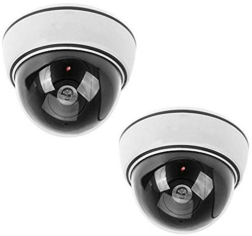 BW 2x Outdoor Indoor Fake Imitation IR Dome CCTV Blinking Red LED Flashing Light Surveillance Security Dummy Camera with Warning Sticker - White