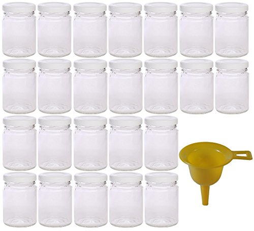 24 kleine Marmeladengläser 106 ml mit weißem Deckel/für Konfitüren, Marmeladen, Gelees, Pestos, Senf etc. inkl. 1 Einfülltrichter