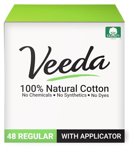Veeda 100% Natural Cotton Tampons - Regular Absorbency with leak proof protection - Compact BPA-Free Applicator - Unscented & Free from Chlorine, Toxin - 48 Count