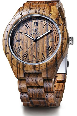 LeeEv Reloj de madera único de peso ligero para hombre, serie Uwood hecho a mano de sándalo analógico de cuarzo vintage número romano reloj de pulsera de madera natural