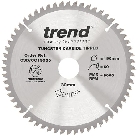 Trend Wood Mitre Saw Blade, 190mm Diameter, 30mm Bore, 60 Teeth, 2.6mm Kerf, -5° Hook, TCT, Extra-Fine Finish, CSB/CC19060