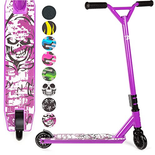 Land Surfer Stunt Scooter - Stunt Roller für Kinder ab 8 Jahren und Junge Erwachsene mit 360 Grad Deck, 100 mm High PU-Räder mit ABEC-9 Kugellager und Geschenkbox - Lila Schädel