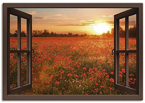ARTLAND Wanddeko Leinwand Bilder Wandbild Fensterblick Fenster Natur Botanik Blumen Mohnblumen Sonnenuntergang T5ZN