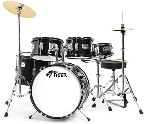 Tiger JDS14-BK Junior 5-Piece Drum Kit - For Ages 3-10 - Snare, Toms, Bass Drum, Bass Drum Pedal, Hi-Hat, Crash Cymbals, Throne and Sticks All Included – Black