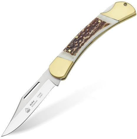 PUMA - Duke - Sportschließmesser - 82mm Clippoint-Klinge aus deutschem Stahl (1.4110, 55-57 HRC) - Griffschalen aus echtem Hirschhorn - Messinggriffkörper - Gefertigt in Solingen (Art.Nr.: 210905)
