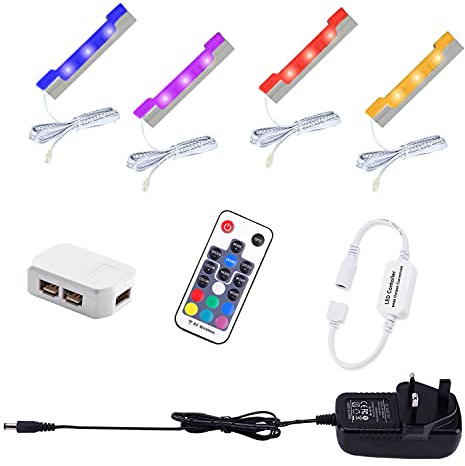 AIBOO LED RGB Under Glass Shelf Cabinet Lighting Kit with RF Remote Control, Dimmable Long Clip on Glass Display Shelf Lights, Ultra Slim LED Strips Lights Display Cupboard (4 Pack)