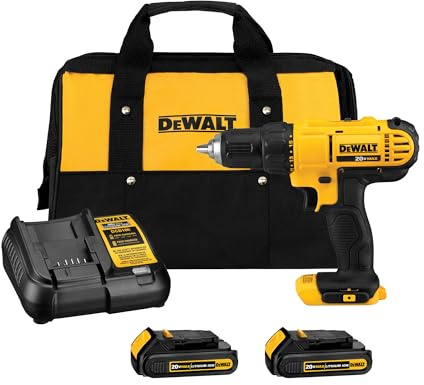 DEWALT 20V Max Cordless Drill Driver Set, 2 Speed, High Performance Motor, Includes 2 XR 1.3Ah Li-Ion Batteries, Charger and Contractor Bag (DCD771C2)