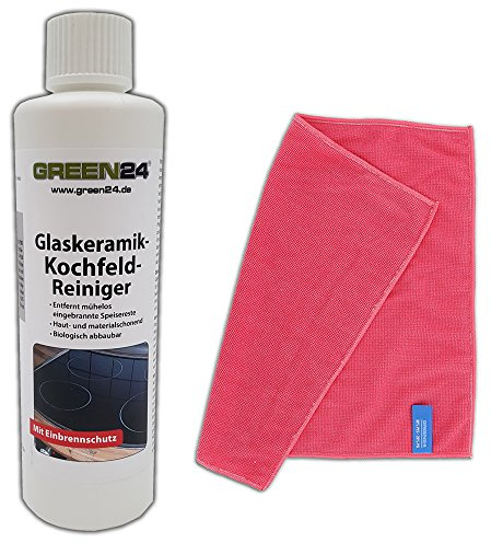GREEN24 Glaskeramik-Kochfeld-Reiniger Set mit Mikrofasertuch - Reinigung und Pflege von Kochplatten Ceranfeld Induktionsplatten Edelstahl Chrome. Spezial-Politur Reiniger. Mittel gegen Flecken