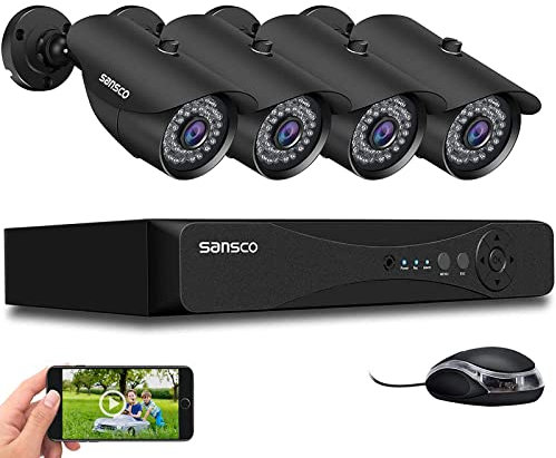 SANSCO 4 Channel 5MP DVR CCTV Camera System Recorder with 4x Outdoor 1080P Bullet Cameras (Email & APP Alert, Waterproof, No Hard Dive)