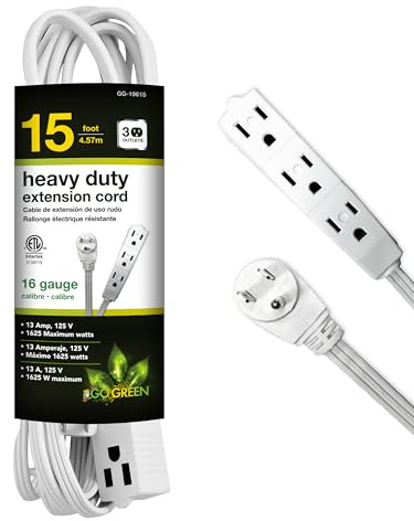 Power By GoGreen Go Green Power Inc. 15ft Extension Cord with 3 Outlets, White - Compact, Flush-Fit Design, Heavy Duty, Grounded Plug - Ideal for Home & Small Appliances - GG-19615