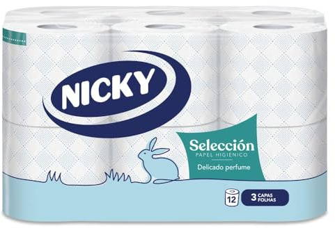 Nicky Selección Papel Higiénico - Paquete de 12 Rollos, 150 Hojas de 3 Capas, con Aroma a Talco, Papel Extrasuave Dermatológicamente Testado, Embalaje Reciclable, Celulosa 100% Pura