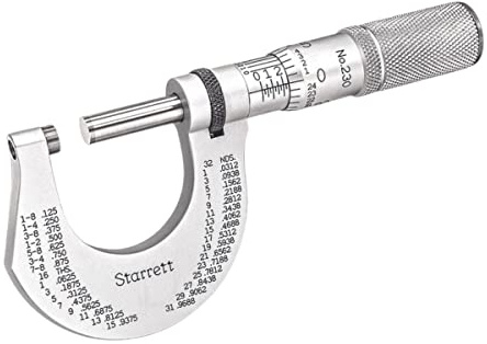 Starrett Outside Micrometer with One-Piece Spindle, Advanced Sleeve Design and Tapered Frame - Quick and Easy Adjustment, 0-1 Range, .0001 Graduation - T230XFL
