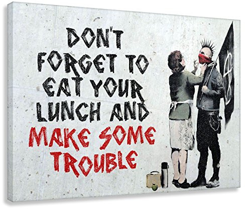 Kunstbruder Leinwandbild like Banksy Make some Trouble! (div. Größen) Bild fertig auf Keilrahmen Kunstdruck auf Leinwand Wandbild Dekoration Street-Art Graffiti (80x120 cm)