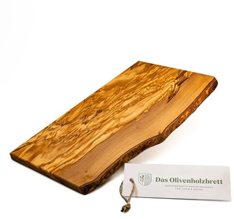 DAS OLIVENHOLZBRETT® Schneidebrett Massivholz, Kräuterbrett, Frühstücksbrett aus Holz, Olivenholz mit einer Seite Naturkante, 35 cm | Frühstücksbrett aus Holz, Olivenholzbrett aus einem Stück, vielseitig einsetzbar in der Küche!
