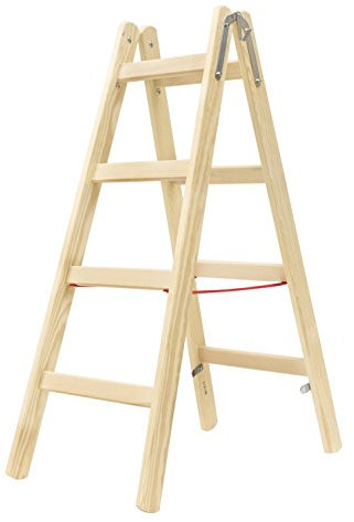 Hymer Holz Sprossenstehleiter 2x4 Sprossen (Leiter beidseitig begehbar, Spreizsicherung, stabiler Eimerhaken) 7141008
