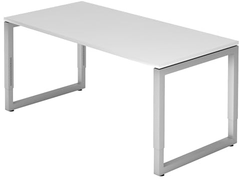 bümö höhenverstellbarer Schreibtisch R-Serie 160x80 cm in weiß, Gestell in Silber - PC Tisch für's Büro manuell höhenverstellbar, Computertisch verstellbar