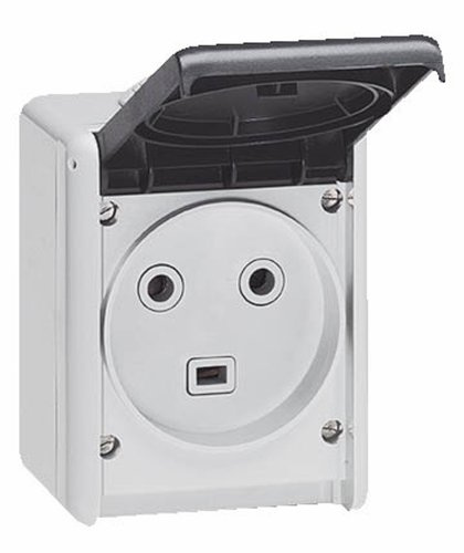 LEGRAND - Prise Etanche de Puissance 32A avec Terre Plexo - Prise 2P+T IP44 - 2 Alvéoles - Pose en Saillie - Gris