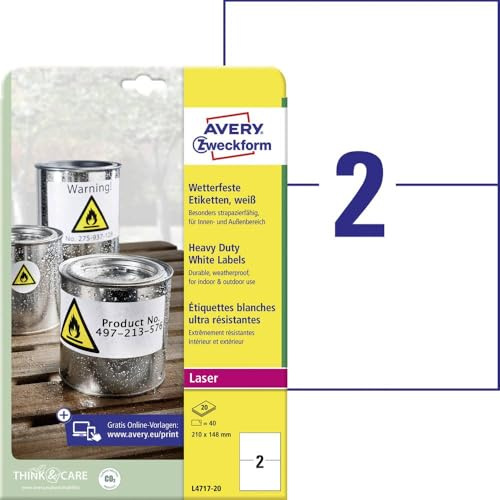 AVERY Zweckform L4717-20 Wetterfeste Folienetiketten (40 Klebeetiketten, 210x148mm auf A4, extrem stark selbstklebend, wasserfest, strapazierfähig, bedruckbare Outdoor Klebefolie) 20 Blatt, weiß