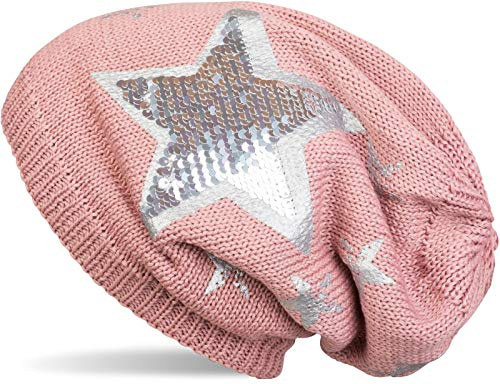 styleBREAKER warme Feinstrick Beanie Mütze mit All Over Vintage Stern Print, Pailletten Stern und sehr weichem Fleece Innenfutter 04024091, Farbe:Altrose