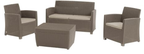 Keter Salottino da Giardino Mia, Composto da Due Poltrone, Divano e Tavolino Contenitore, Cuscini Inclusi, Realizzato con Caratteristica Finitura Intrecciata, Colore Cappuccino