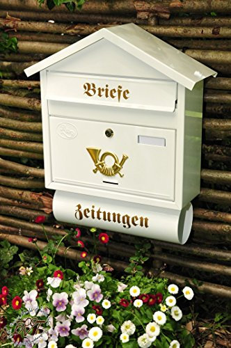 S/w-D Schöner Design Briefkasten mit Regenschutz Klappe (oben gebogen), und 1 Regenschutz-Deckel für Zeitungsrolle, mit Farbwahl grün weiss schwarz blau messing kupfer gold braun rot gelb anthrazit