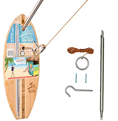 Hook and Ring Toss Deluxe Set - 100% Bamboo with 5 Ft Telescoping Pole and All Parts Included - by Tiki Toss