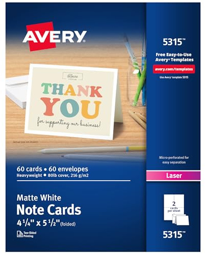 Avery Printable Note Cards, Envelopes Included, 4.25 x 5.5, Matte White, Laser Printer Compatible, 60 Blank Cards Total, Great for Product Branding, Marketing, and More (5315)