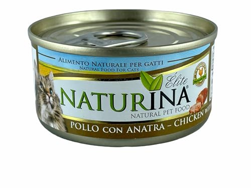 NATURINA - Elite húmedo para gatos, pollo con pato, cocido al vapor y conservado en agua de cocción, sin conservantes ni colorantes sintéticos, para todos los tamaños, 24 latas de 70 g