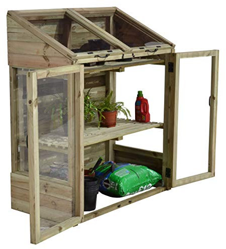 Forest Garden Wooden Mini Greenhouse 4'x2'| Small Coldframe for Outdoors| 2 Opening Lids| 2 Shelves| Compact Grow House for all spaces| Perfect for Growing Vegetables, Flowers and Plants