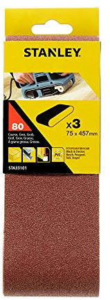 Stanley Schleifband für Bandschleifer (75 x 457 mm, grobe Körnung K80, passend für Black+Decker Bandschleifer KA85, KA85EK, KA86, 3 Stück) STA33101