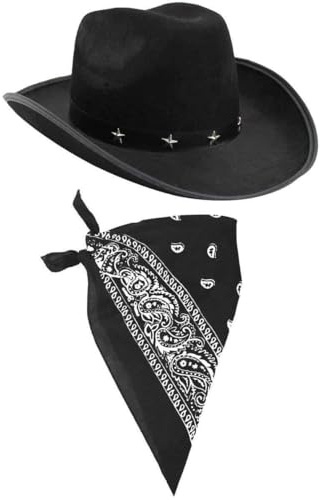 'I LOVE FANCY DRESS LTD COWBOY HATT & COWBOY HALSSKARF TILLBEHÖR. Svart stjärna, dubbad cowboyhatt och vit bandana. WILD WEST WESTERN SHERIFF. Förpackning av: 1 | BANDANA-färg: svart