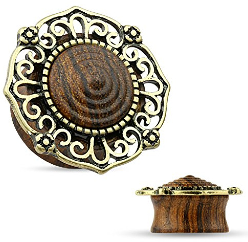 Tapsi´s Coolbodyart® Saddle Plug Holz Organisch Tribal Messing Stammesschild Antik Gold 4mm