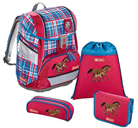 Step by Step Schulranzen-Set 2IN1 „Horse Family“ 4-teilig, rot-blau, Pferde-Design, ergonomischer Tornister mit Reflektoren, höhenverstellbar mit Hüftgurt für Mädchen 1. Klasse, 19L