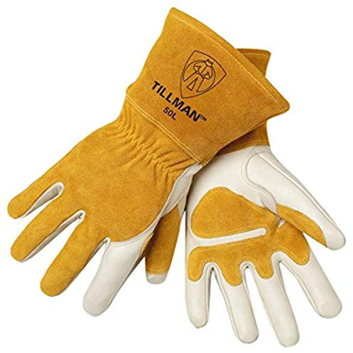 John Tillman Medium 14 Gold and Pearl Top Grain Split Back Cowhide Fleece Lined MIG Welders Gloves with 4 Cuff and Kevlar Thread Locking Stitch (Carded) (50 M)
