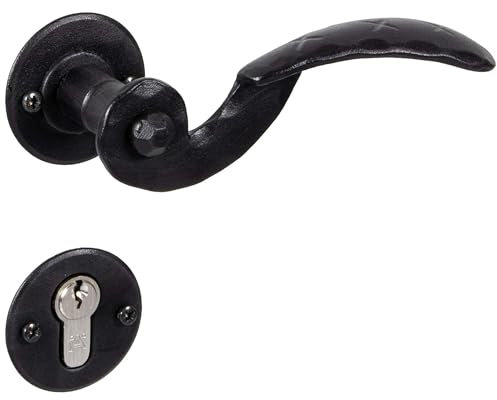 GedoTec Türklinke Schmiedeeisen 1 Set - Türbeschlag Antik schwarz Türgriff Zimmertür auf Rosette - LIVIGNO | PZ - Profilzylinder | Gusseisen schwarz rustikal | Türgarnitur inkl. Befestigungsmaterial