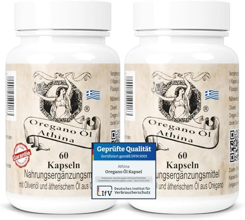 Athina® Oregano Öl 2 x 60 Kapseln I Softgels-Forte 500 mg I 100 mg pro Kapsel & 400 mg natives Olivenöl Extra aus Griechenland I 80% Carvacrol