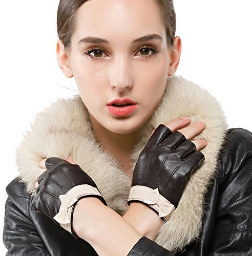 Nappaglo Damen Lederhandschuhe für fahren Halbfinger fingerlose Handschuhe für Fahren Outdoor Motorrad Radfahren Handschuhe (XXL (Umfang der Handfläche:21.6-22.8cm), Dunkelbraun)