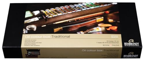 Rembrandt Professional Oil Paint Set in Luxury Wooden Box Traditional | 16 Colours + Brushes & Accessories