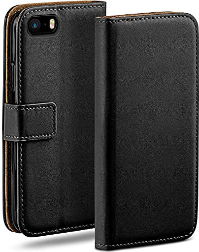 moex Schutzhülle für iPhone 5s / 5 / SE (2016), Handyhülle mit Kartenschlitz, 360 Grad Flip Case, veganes Leder, tiefschwarz