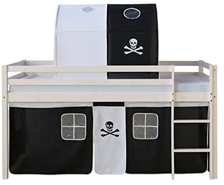 Homestyle4u Kinderbett 90x200 Weiß Kiefer Hochbett mit Treppe & Tunnel | Piratendesign Spielbett inklusive Vorhang - Massivholz Bettgestell für Kinderzimmer - Sicher mit Absturzsicherung