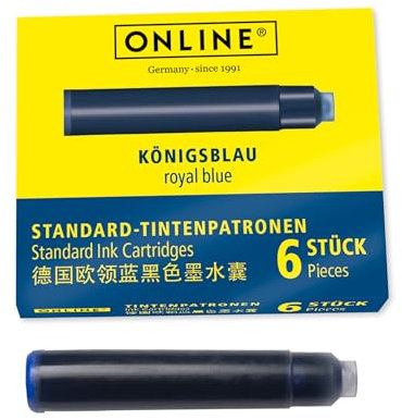 ONLINE Standard-Tintenpatronen, universelle Füller-Tinte, kompatibel mit allen gängigen Standard-Füllern, Ersatz-Patronen für Füllhalter und Rollerball, 6 Stück, Farbe königsblau, löschbar