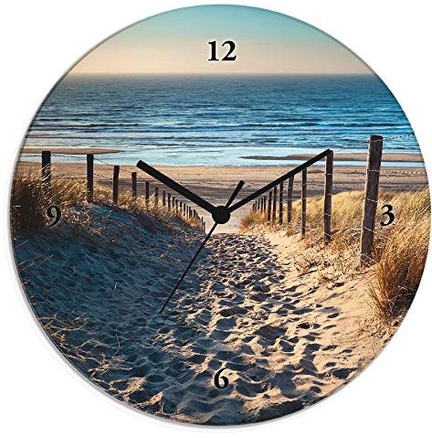 ARTLAND Wanddeko Wanduhr ohne Tickgeräusche Glas Quarzuhr Ø 30 cm Rund Lautlos Strand Meer Düne Nordsee Urlaub Natur Maritim T9IP